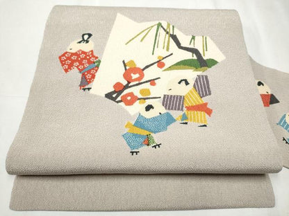 平和屋着物●九寸名古屋帯 型染め 舞花文 鬼しぼ縮緬 正絹 逸品 CABD0474hy