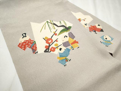 平和屋着物●九寸名古屋帯 型染め 舞花文 鬼しぼ縮緬 正絹 逸品 CABD0474hy