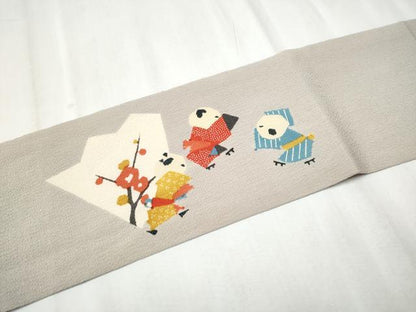 平和屋着物●九寸名古屋帯 型染め 舞花文 鬼しぼ縮緬 正絹 逸品 CABD0474hy