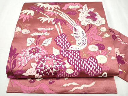 平和屋着物●アンティーク　大正ロマン　九寸名古屋帯　総手刺繍　花鳥文　金糸　正絹　逸品　CABD0476hy