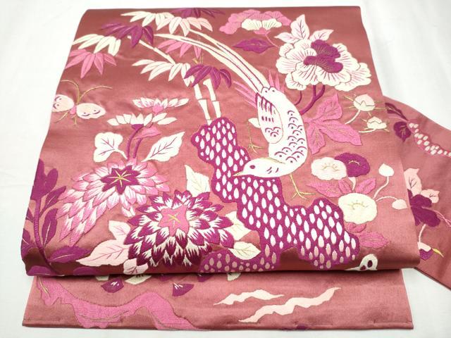 平和屋着物●アンティーク　大正ロマン　九寸名古屋帯　総手刺繍　花鳥文　金糸　正絹　逸品　CABD0476hy