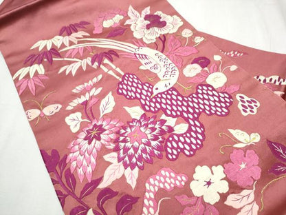 平和屋着物●アンティーク　大正ロマン　九寸名古屋帯　総手刺繍　花鳥文　金糸　正絹　逸品　CABD0476hy