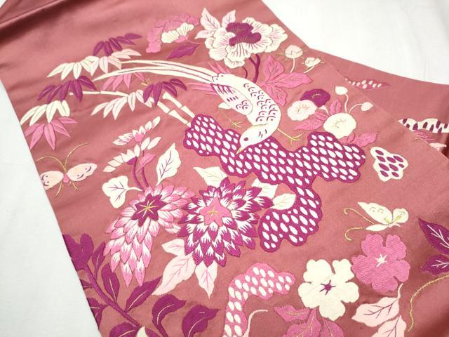 平和屋着物●アンティーク　大正ロマン　九寸名古屋帯　総手刺繍　花鳥文　金糸　正絹　逸品　CABD0476hy