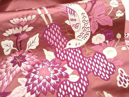 平和屋着物●アンティーク　大正ロマン　九寸名古屋帯　総手刺繍　花鳥文　金糸　正絹　逸品　CABD0476hy