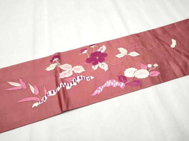 平和屋着物●アンティーク　大正ロマン　九寸名古屋帯　総手刺繍　花鳥文　金糸　正絹　逸品　CABD0476hy