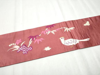 平和屋着物●アンティーク　大正ロマン　九寸名古屋帯　総手刺繍　花鳥文　金糸　正絹　逸品　CABD0476hy
