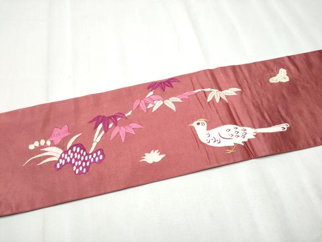 平和屋着物●アンティーク　大正ロマン　九寸名古屋帯　総手刺繍　花鳥文　金糸　正絹　逸品　CABD0476hy
