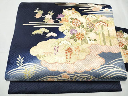 平和屋着物●九寸名古屋帯　駒刺繍　雲重ね松竹梅花文　金彩　正絹　逸品　CABD0480hy