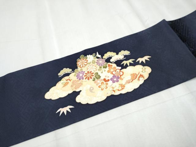 平和屋着物●九寸名古屋帯　駒刺繍　雲重ね松竹梅花文　金彩　正絹　逸品　CABD0480hy