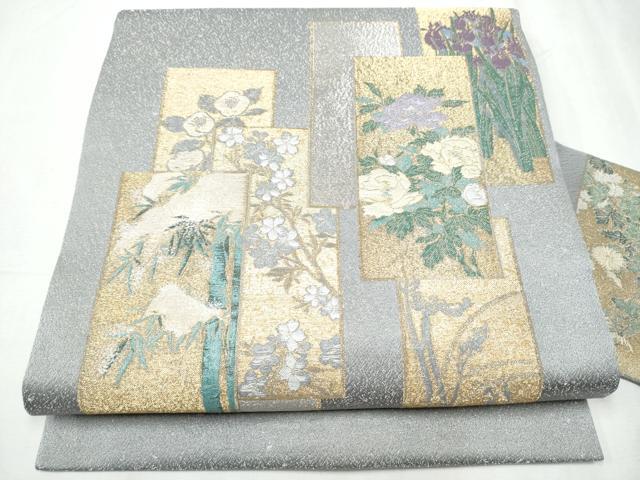 平和屋着物●九寸名古屋帯 寿光織 琳派色紙絵図 銀通し地 正絹 逸品 CABD0482hy