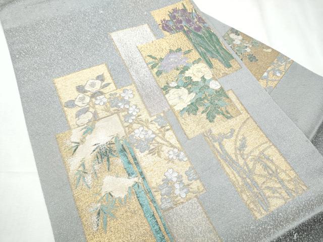 平和屋着物●九寸名古屋帯 寿光織 琳派色紙絵図 銀通し地 正絹 逸品 CABD0482hy