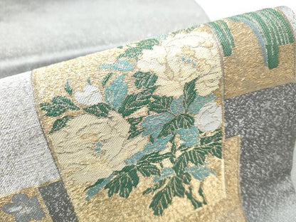 平和屋着物●九寸名古屋帯 寿光織 琳派色紙絵図 銀通し地 正絹 逸品 CABD0482hy