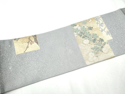 平和屋着物●九寸名古屋帯 寿光織 琳派色紙絵図 銀通し地 正絹 逸品 CABD0482hy