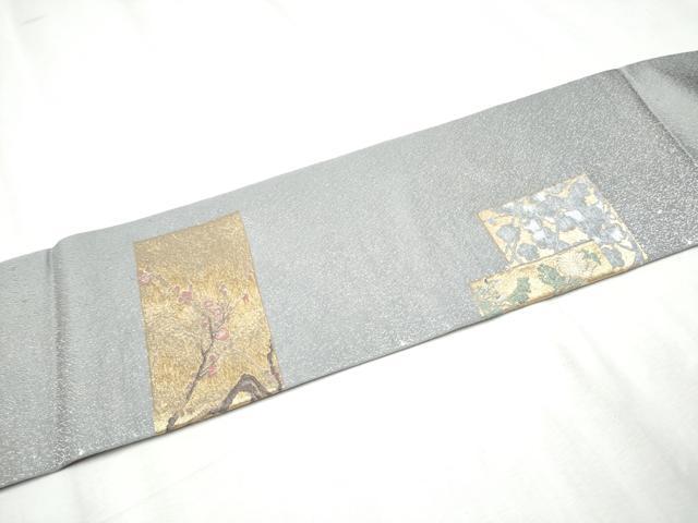 平和屋着物●九寸名古屋帯 寿光織 琳派色紙絵図 銀通し地 正絹 逸品 CABD0482hy
