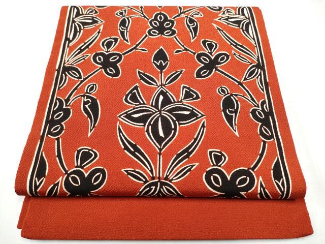 平和屋着物●九寸開き名古屋帯 型染め 草花文 鬼しぼ縮緬 正絹 逸品 CABD0487hy