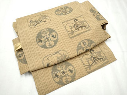 平和屋着物●つけ帯 型染め 人物文 正絹 逸品 CABD0490hy