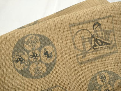 平和屋着物●つけ帯 型染め 人物文 正絹 逸品 CABD0490hy