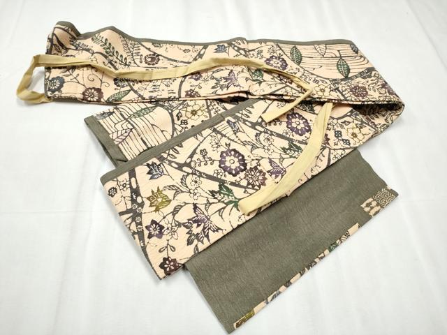 平和屋着物●つけ帯 型染め 花唐草文 正絹 逸品 CABD0492hy