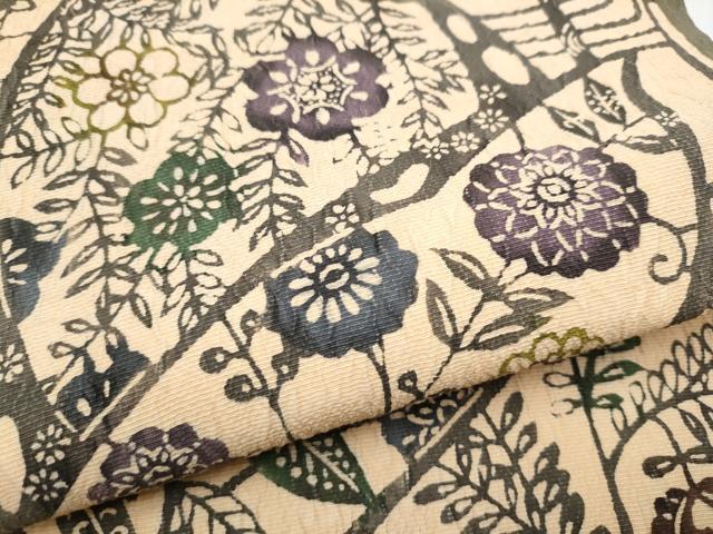 平和屋着物●つけ帯 型染め 花唐草文 正絹 逸品 CABD0492hy