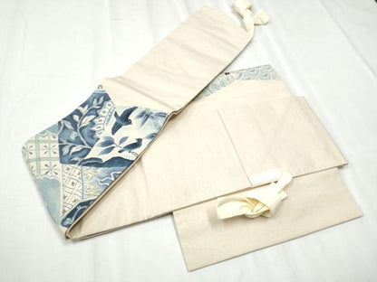 平和屋着物●つけ帯 手描き 紬地 切嵌花鳥風景文 正絹 逸品 CABD0494hy