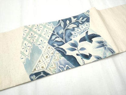 平和屋着物●つけ帯 手描き 紬地 切嵌花鳥風景文 正絹 逸品 CABD0494hy