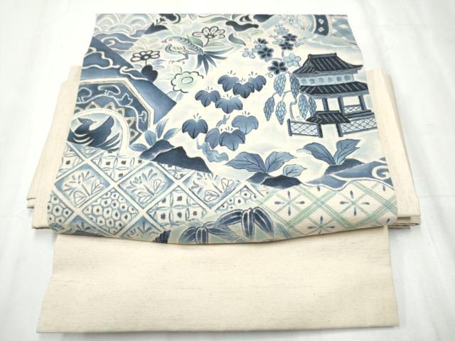 平和屋着物●つけ帯 手描き 紬地 切嵌花鳥風景文 正絹 逸品 CABD0494hy
