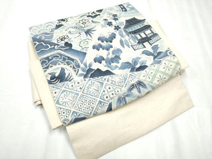 平和屋着物●つけ帯 手描き 紬地 切嵌花鳥風景文 正絹 逸品 CABD0494hy