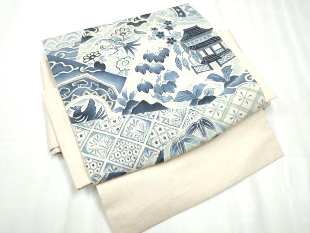 平和屋着物●つけ帯 手描き 紬地 切嵌花鳥風景文 正絹 逸品 CABD0494hy