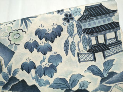 平和屋着物●つけ帯 手描き 紬地 切嵌花鳥風景文 正絹 逸品 CABD0494hy