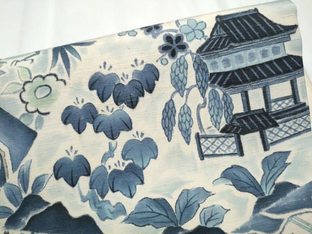 平和屋着物●つけ帯 手描き 紬地 切嵌花鳥風景文 正絹 逸品 CABD0494hy
