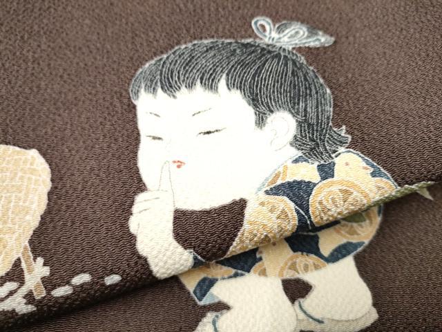 平和屋着物●十日町友禅作家　関口遼一　つけ帯　童子遊び　鬼しぼ縮緬　正絹　逸品　CABD0495hy