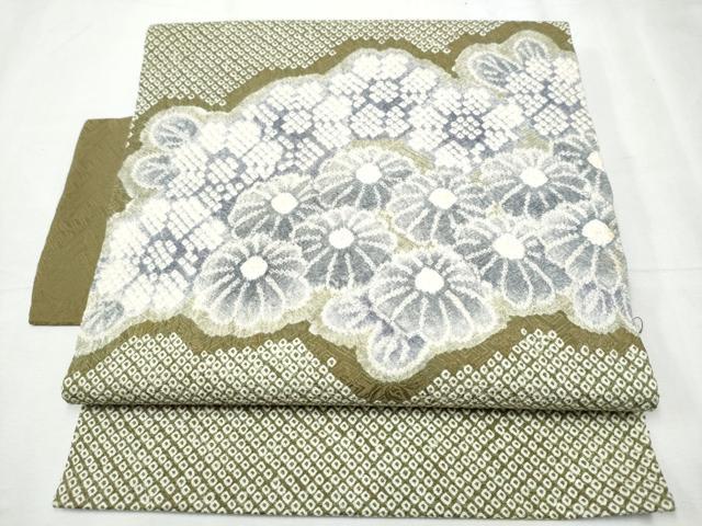 平和屋着物●名門 藤娘きぬたや・総絞り つけ帯 雲取り花文 正絹 逸品 CABD0499hy