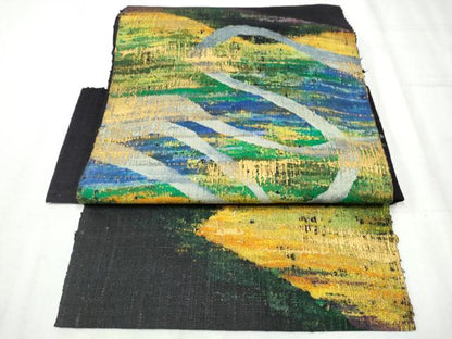 平和屋着物●つけ帯 紬地 霞文 黒地 金彩 正絹 逸品 CABD0500hy