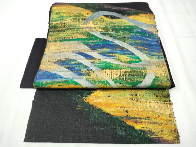 平和屋着物●つけ帯 紬地 霞文 黒地 金彩 正絹 逸品 CABD0500hy