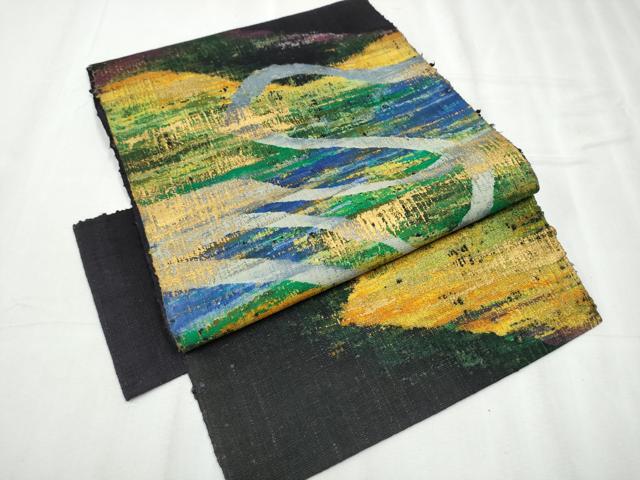 平和屋着物●つけ帯 紬地 霞文 黒地 金彩 正絹 逸品 CABD0500hy