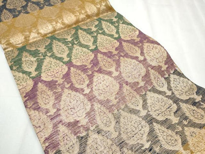 平和屋着物▽六通柄袋帯 スリーシーズン 春夏秋 横段更紗花文 金糸 正絹 逸品 CABD0508hy