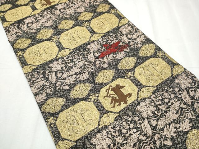 平和屋着物▽両面 太鼓柄袋帯 スリーシーズン 春夏秋 四季縞綴れ 鳳凰花文 金銀糸 正絹 逸品 CABD0511hy