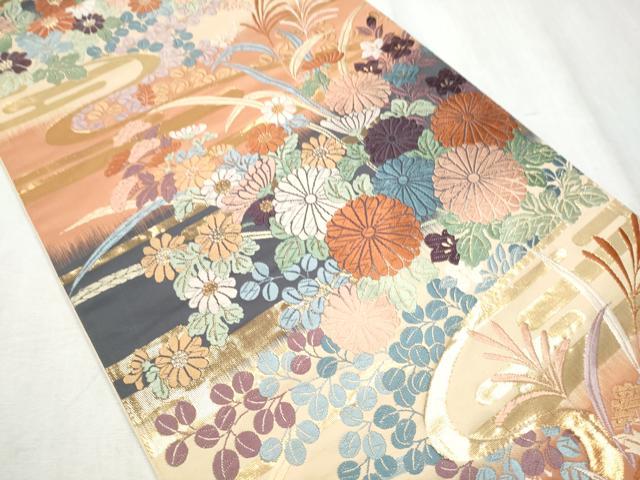 平和屋着物●六通柄袋帯 唐織 能衣秋草紋 金糸 たとう紙・共箱付き 正絹 逸品 CABD0517hy