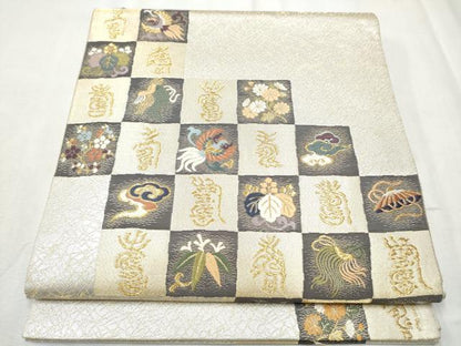 平和屋着物●田中工芸織物 祥園謹製　六通柄袋帯　唐織　市松鳳凰草花文　金糸　正絹　逸品　CABD0528hy