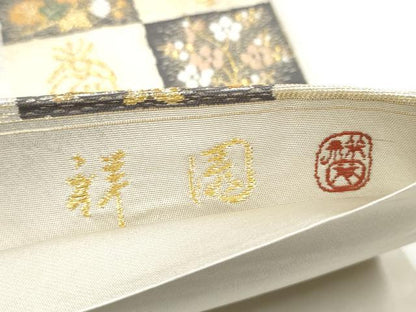 平和屋着物●田中工芸織物 祥園謹製　六通柄袋帯　唐織　市松鳳凰草花文　金糸　正絹　逸品　CABD0528hy