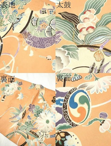 平和屋着物●アンティーク 大正ロマン 丸帯 駒刺繍 龍 鼓花文 引き抜き帯 正絹 逸品 CABD0529hy