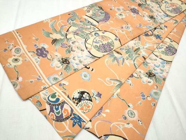 平和屋着物●アンティーク 大正ロマン 丸帯 駒刺繍 龍 鼓花文 引き抜き帯 正絹 逸品 CABD0529hy