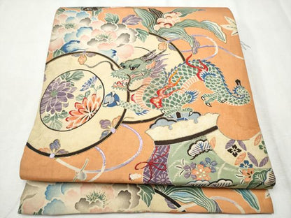 平和屋着物●アンティーク 大正ロマン 丸帯 駒刺繍 龍 鼓花文 引き抜き帯 正絹 逸品 CABD0529hy