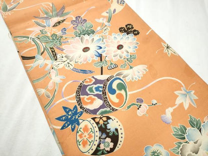 平和屋着物●アンティーク 大正ロマン 丸帯 駒刺繍 龍 鼓花文 引き抜き帯 正絹 逸品 CABD0529hy