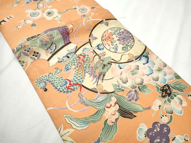 平和屋着物●アンティーク 大正ロマン 丸帯 駒刺繍 龍 鼓花文 引き抜き帯 正絹 逸品 CABD0529hy
