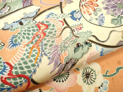 平和屋着物●アンティーク 大正ロマン 丸帯 駒刺繍 龍 鼓花文 引き抜き帯 正絹 逸品 CABD0529hy