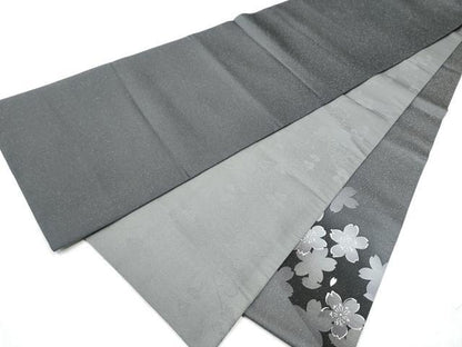 平和屋着物●太鼓柄袋帯　伊と幸　舞桜文　銀通し地　反端付き　正絹　逸品　CABD0531hy