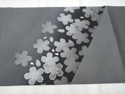 平和屋着物●太鼓柄袋帯　伊と幸　舞桜文　銀通し地　反端付き　正絹　逸品　CABD0531hy