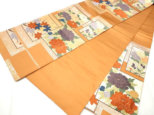 平和屋着物●六通柄袋帯　唐織　色紙重ね草花文　銀糸　正絹　逸品　CABD0535hy