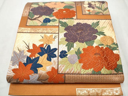 平和屋着物●六通柄袋帯　唐織　色紙重ね草花文　銀糸　正絹　逸品　CABD0535hy
